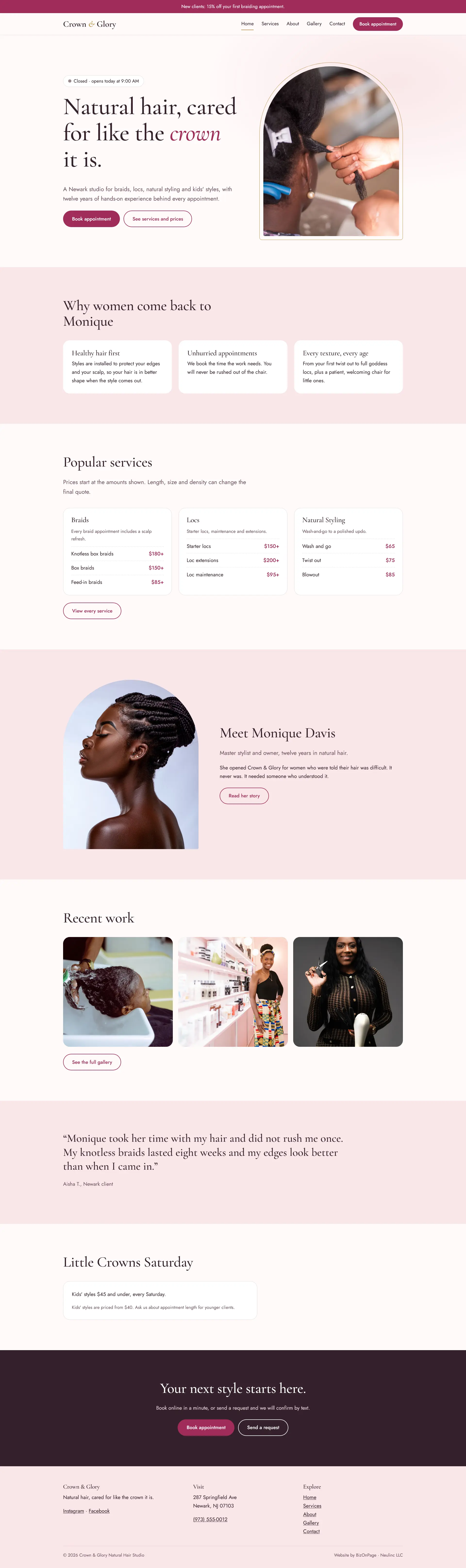 Crown & Glory full website home page
